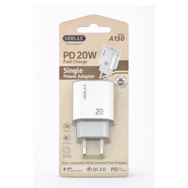 TÊTE DE CHARGEUR GERLAX FAST CHARGE 20W (A150)