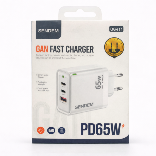 TÊTE DE CHARGEUR SENDEM OG411 – 65W GaN TRIPLE PORT